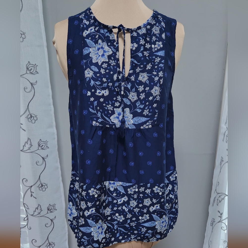 Old Navy Swing Tank Top Small Blue Floral Cotton Relax Boho Navy Print